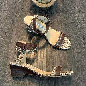 JIMMY CHOO Brown Snakeskin Ankle Strap Low Heeled Sandals 8.5